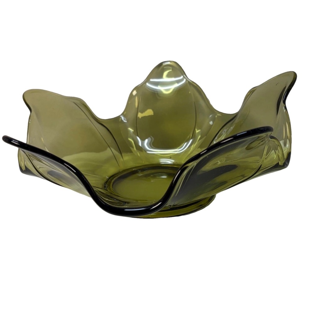 Vintage Olive Green Art Glass Ruffled Handkerchief Bowl Mid Century Modern MCM
